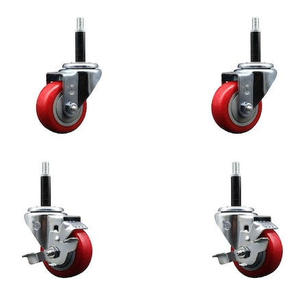 Service Caster 3'' SS Red Poly Wheel Swivel 3/4'' Expanding Stem Caster Set 2 Brakes, 4PK SCC-SSEX20S314-PPUB-RED-2-TLB-2-34
